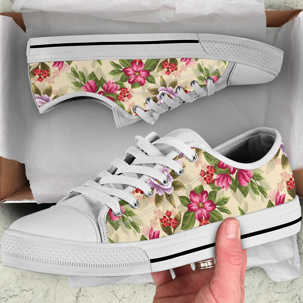 Summer Floral Pattern Print Design SF08 White Bottom Low Top Shoes