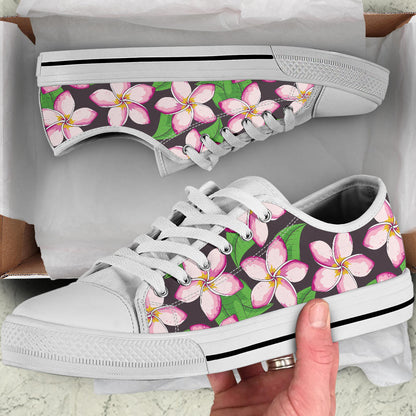 Pink Plumeria Pattern Print Design PM019 White Bottom Low Top Shoes
