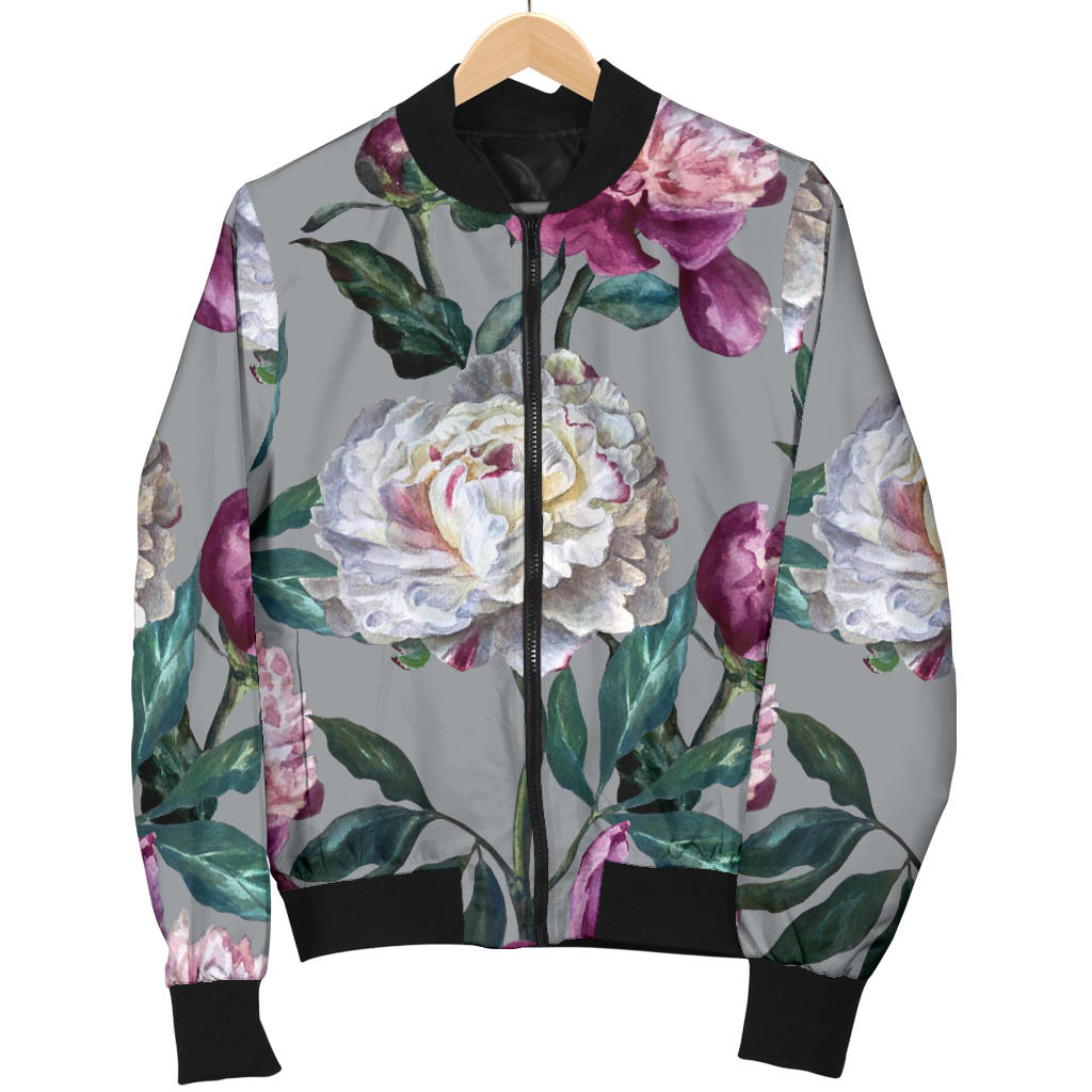 Peony Pattern Print Design PE01 Women Bomber Jacket