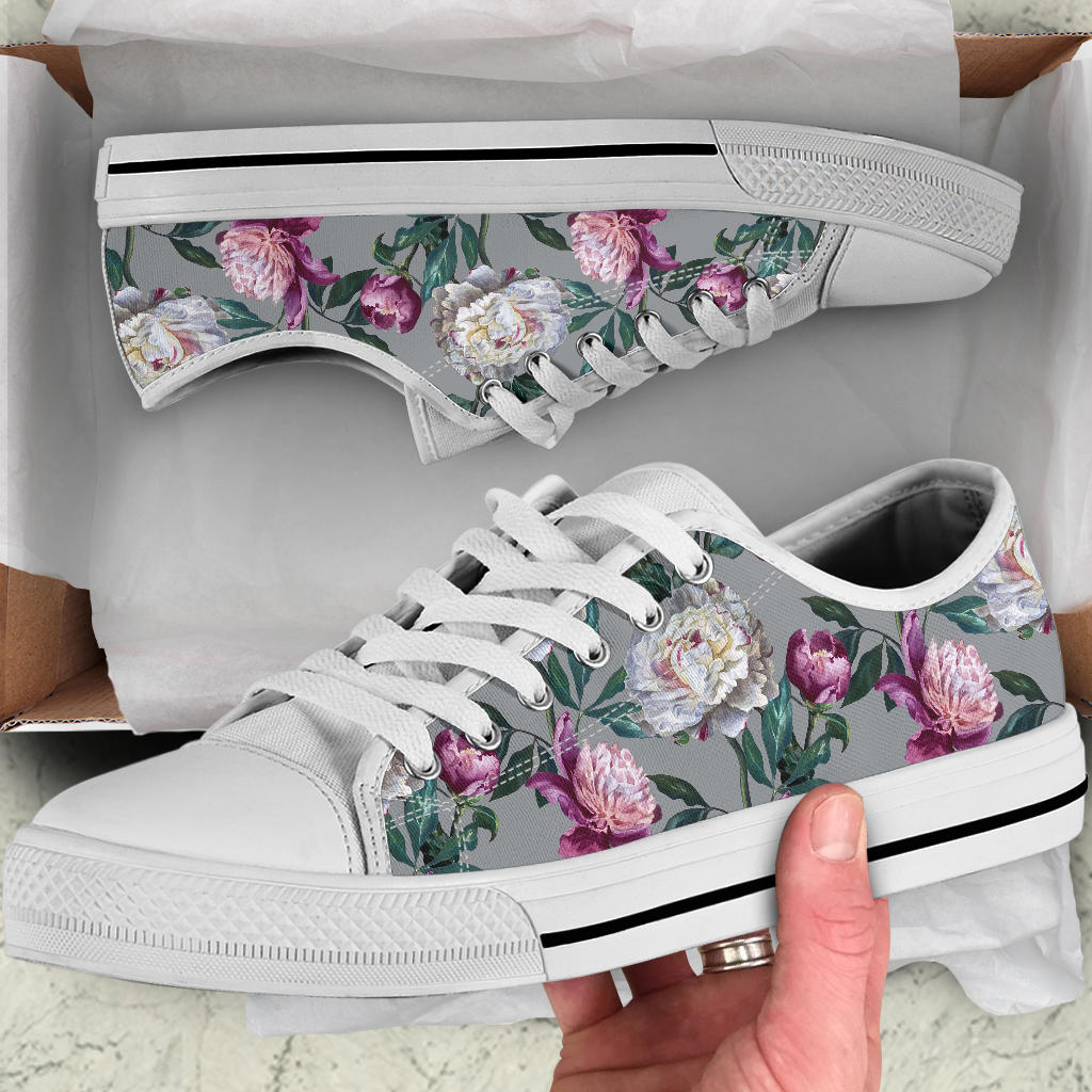 Peony Pattern Print Design PE01 White Bottom Low Top Shoes