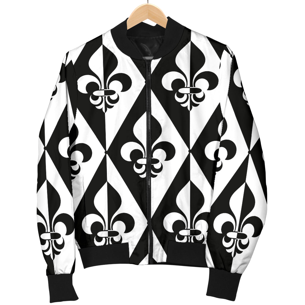 Fleur De Lis Black White Pattern Print Design 02 Women's Bomber Jacket