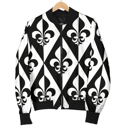 Fleur De Lis Black White Pattern Print Design 02 Women's Bomber Jacket