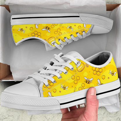 Bee Pattern Print Design BEE01 White Bottom Low Top Shoes