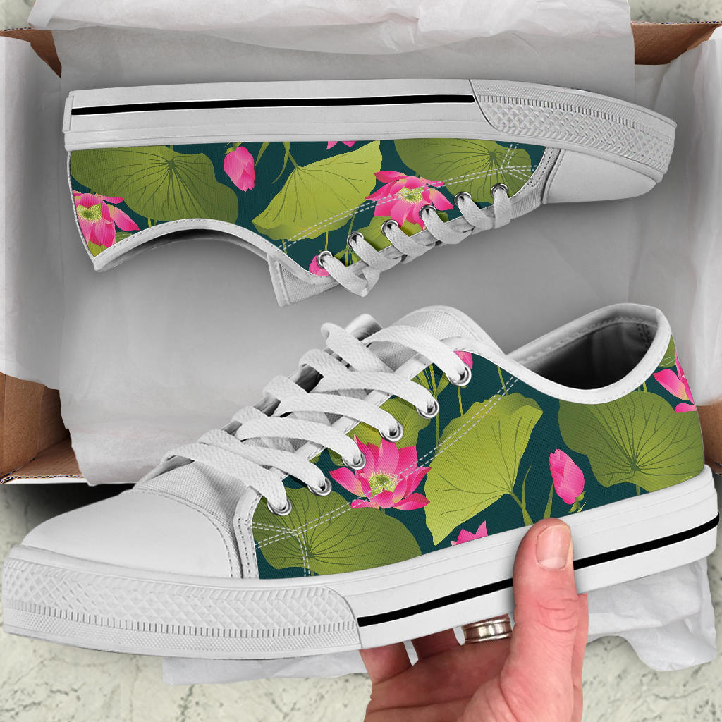Water Lily Pattern Print Design WL09 White Bottom Low Top Shoes
