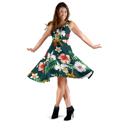 Hawaiian Flower Design with SeaTurtle Print Midi Dress