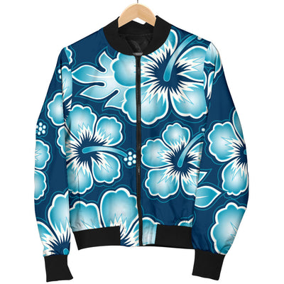 Blue Hibiscus Pattern Print Design HB011 Women Bomber Jacket