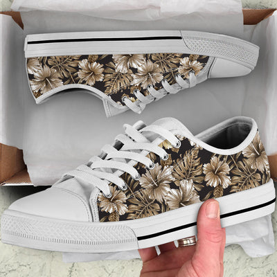 Brown Hibiscus Tropical White Bottom Low Top Shoes