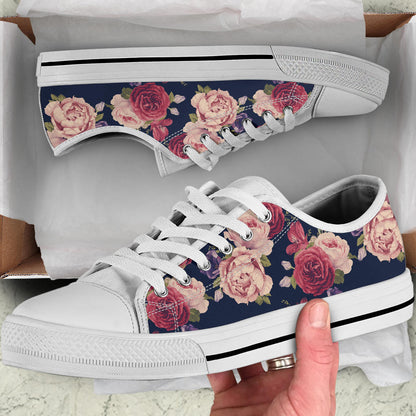 Peony Pattern Print Design PE03 White Bottom Low Top Shoes