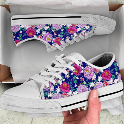 Dahlia Pattern Print Design DH013 White Bottom Low Top Shoes