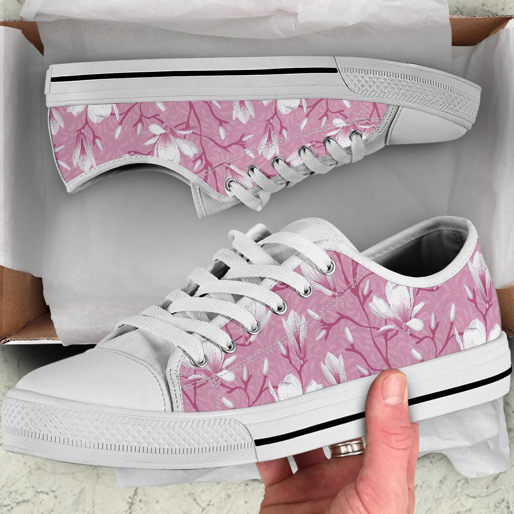 Magnolia Pattern Print Design MAG05 White Bottom Low Top Shoes
