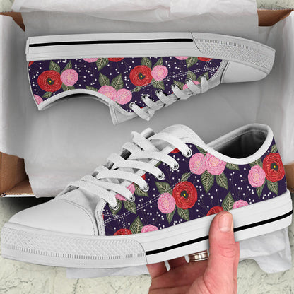Camellia Pattern Print Design CM02 White Bottom Low Top Shoes