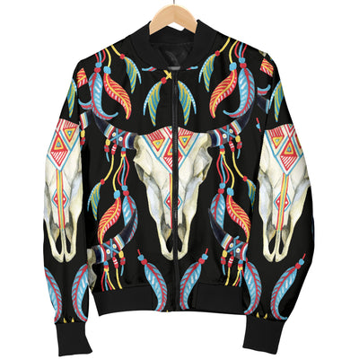 Buffalo Head Boho Style Pattern Print Design 01 Women's Bomber Jacket