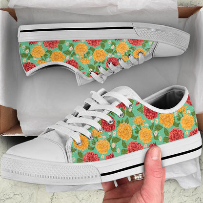 Dahlia Pattern Print Design DH011 White Bottom Low Top Shoes