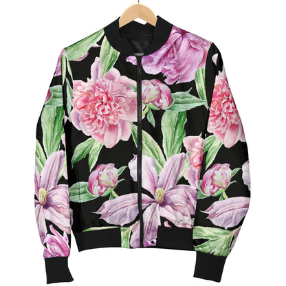 Peony Pattern Print Design PE08 Women Bomber Jacket