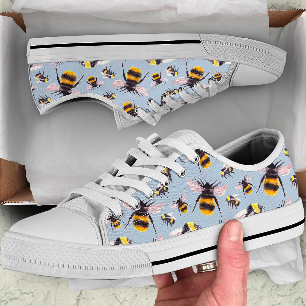 Bee Pattern Print Design BEE08 White Bottom Low Top Shoes