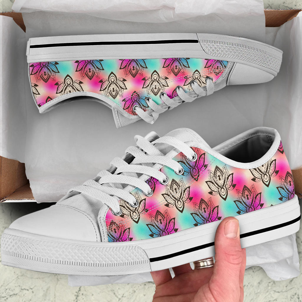 lotus Boho Pattern Print Design LO02 White Bottom Low Top Shoes