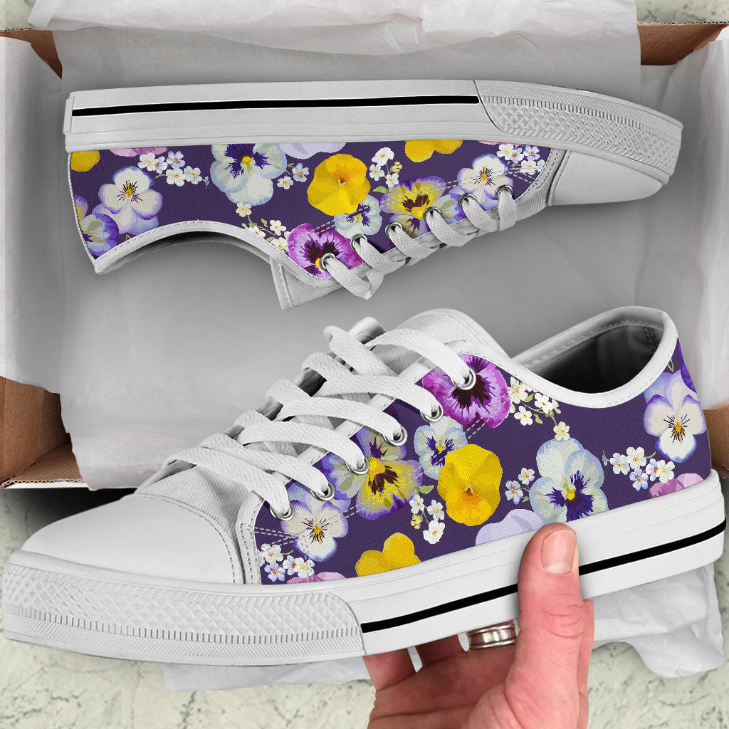 Pansy Pattern Print Design PS02 White Bottom Low Top Shoes
