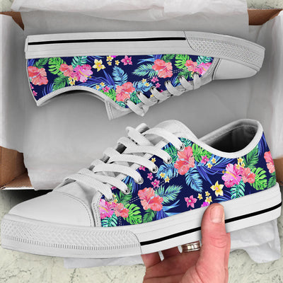 Neon Hibiscus Pattern Print Design HB016 White Bottom Low Top Shoes