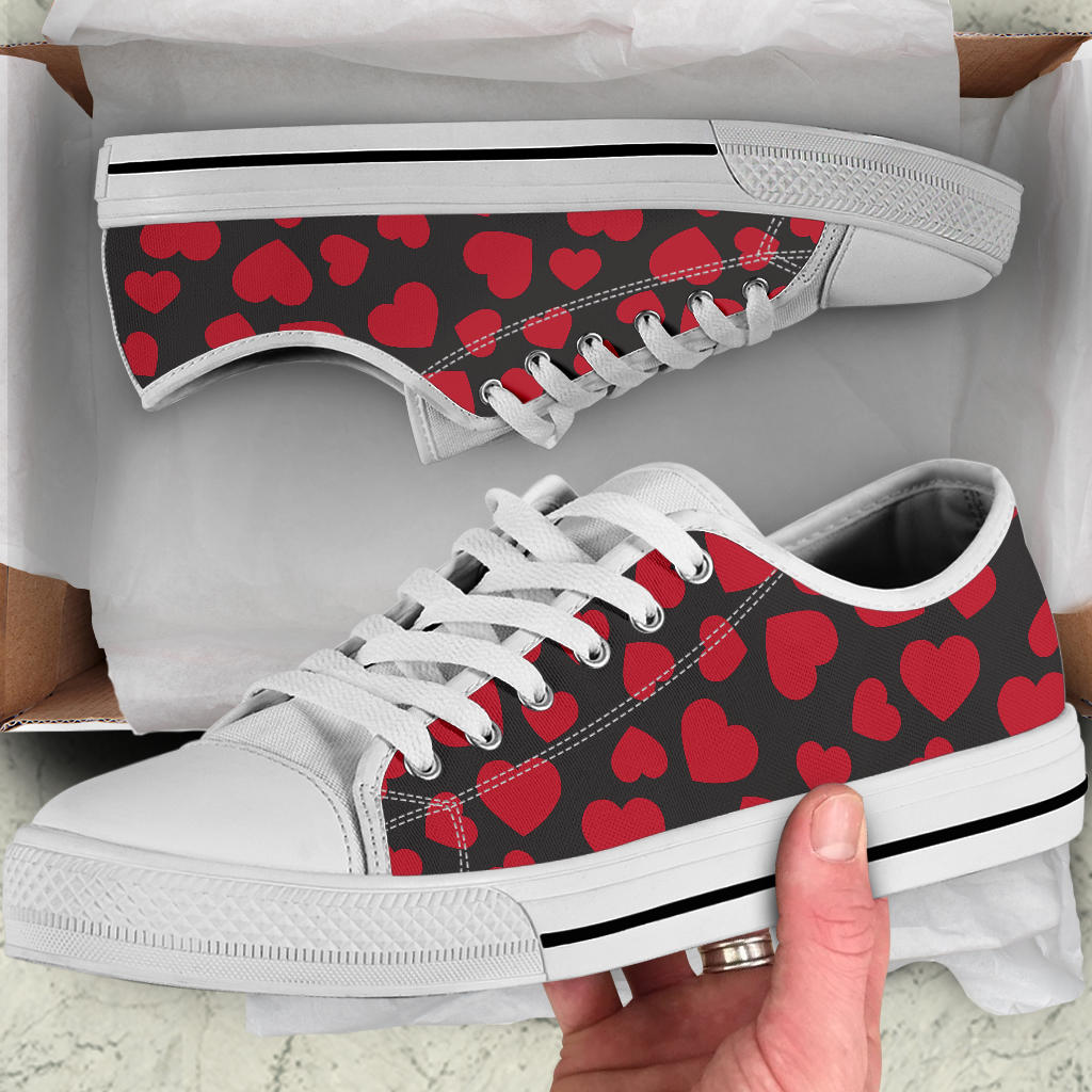 Heart Red Pattern Print Design HE01 White Bottom Low Top Shoes