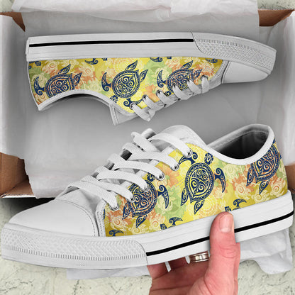 Hawaiian Turtle Tribal Design Print White Bottom Low Top Shoes