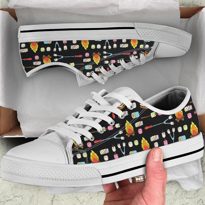 Camping Campfire Marshmallows White Bottom Low Top Shoes