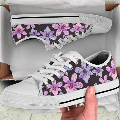 Orchid Pattern Print Design OR08 White Bottom Low Top Shoes