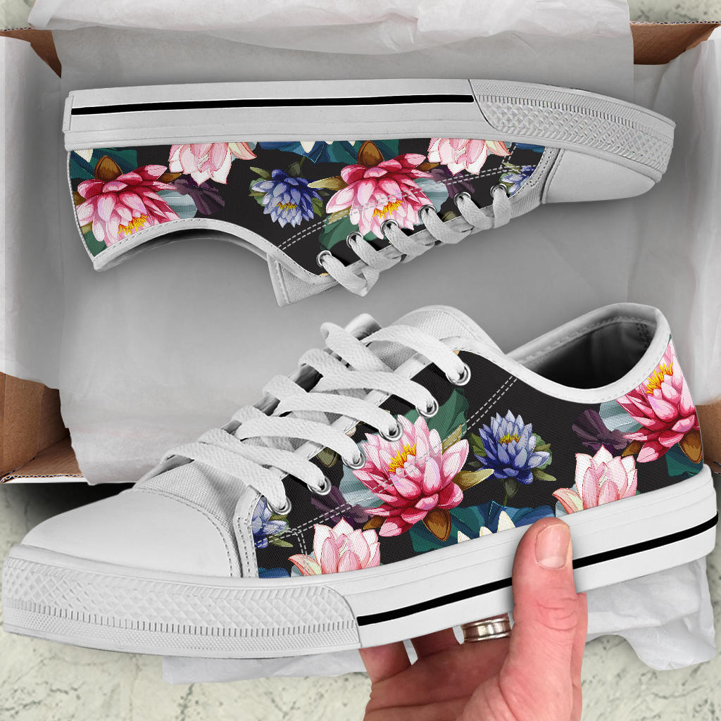 Water Lily Pattern Print Design WL02 White Bottom Low Top Shoes