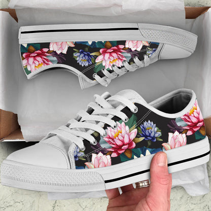 Water Lily Pattern Print Design WL02 White Bottom Low Top Shoes