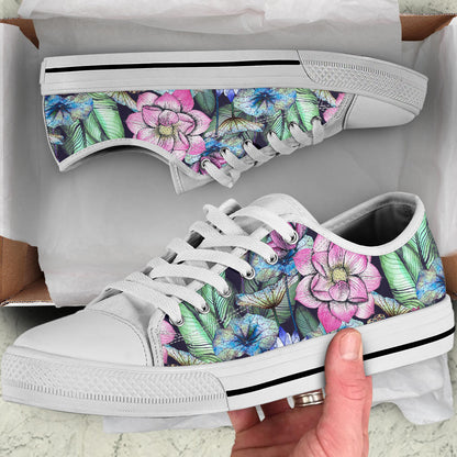 Water Lily Pattern Print Design WL07 White Bottom Low Top Shoes