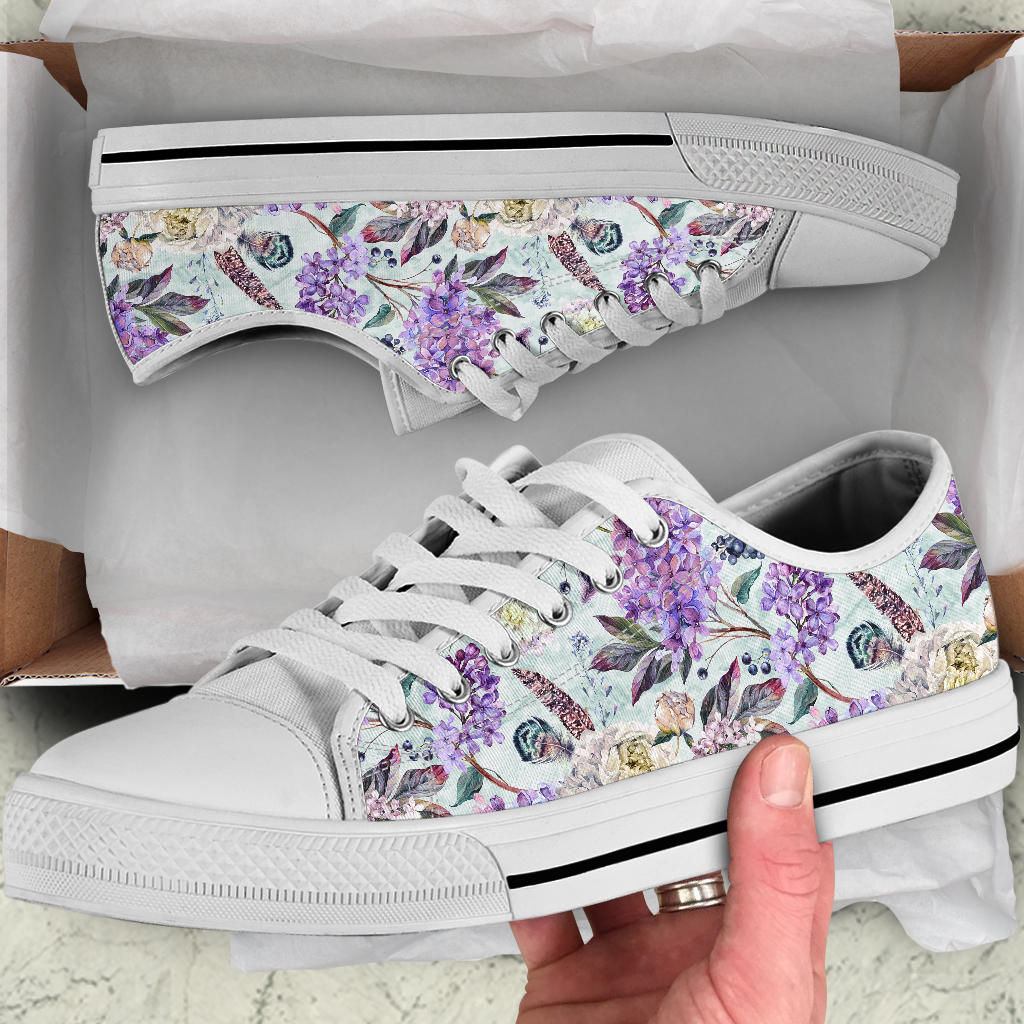 Lilac Pattern Print Design LI06 White Bottom Low Top Shoes