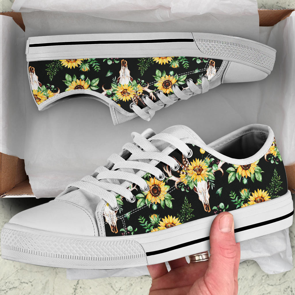 Sunflower Pattern Print Design SF08 White Bottom Low Top Shoes