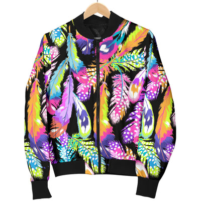 Neon Feather Pattern Print Design A02 Women's Bomber Jacket