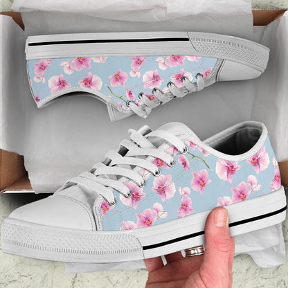 Orchid Pink Pattern Print Design OR01 White Bottom Low Top Shoes