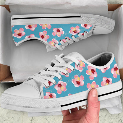 Cherry Blossom Pattern Print Design CB09 White Bottom Low Top Shoes