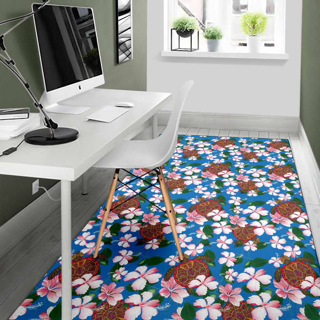 Sea Turtle Pink Hibiscus Hawaiian Print Area Rugs