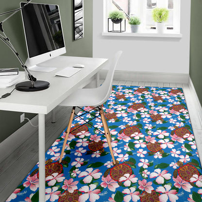 Sea Turtle Pink Hibiscus Hawaiian Print Area Rugs