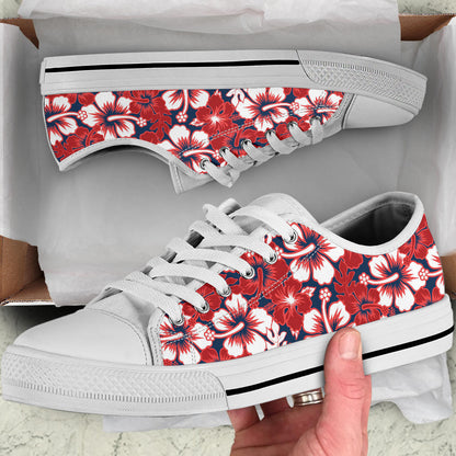 Red Hibiscus Pattern Print Design HB01 White Bottom Low Top Shoes