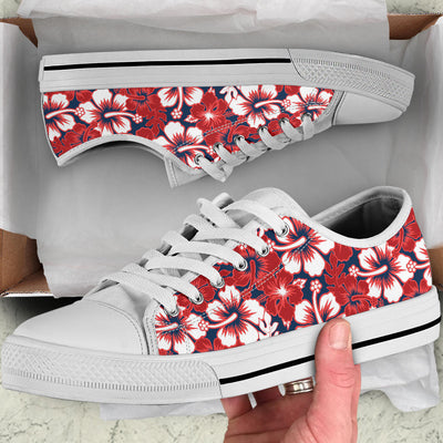 Red Hibiscus Pattern Print Design HB01 White Bottom Low Top Shoes