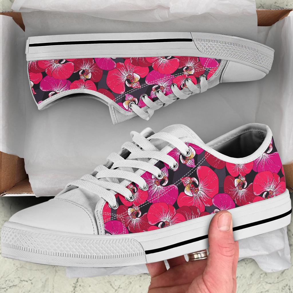 Orchid Red Pattern Print Design OR05 White Bottom Low Top Shoes