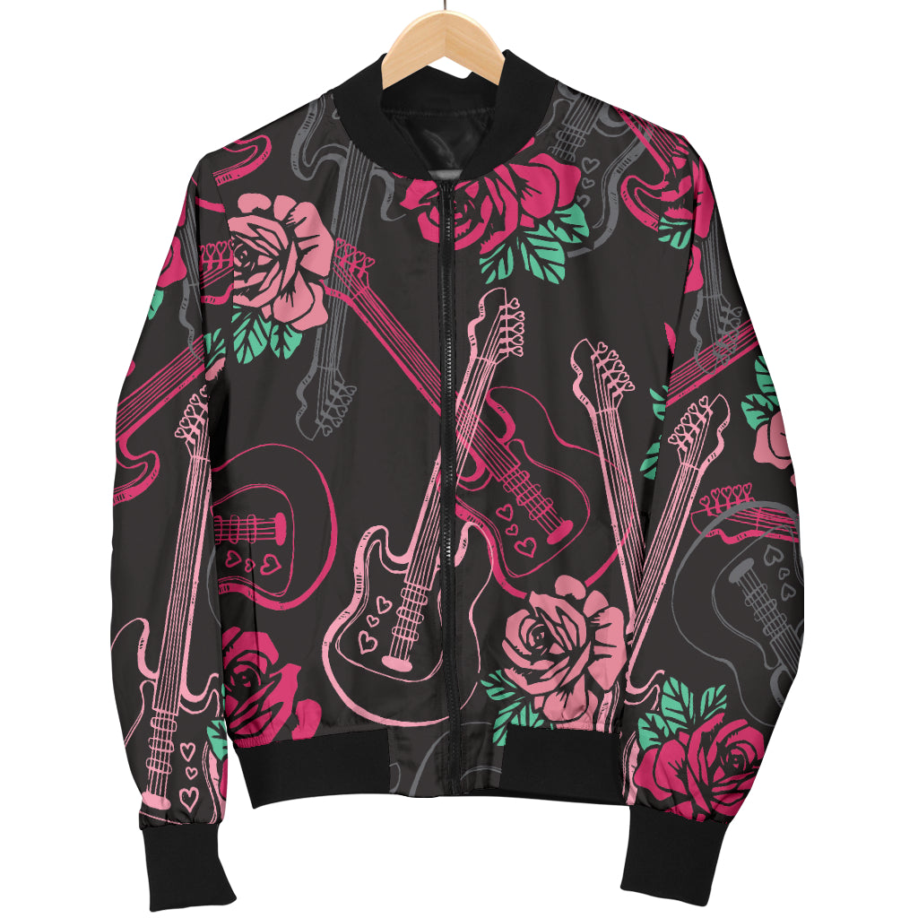 Bass Guitar Pink Rose Pattern Print Design 01 Women's Bomber Jacket