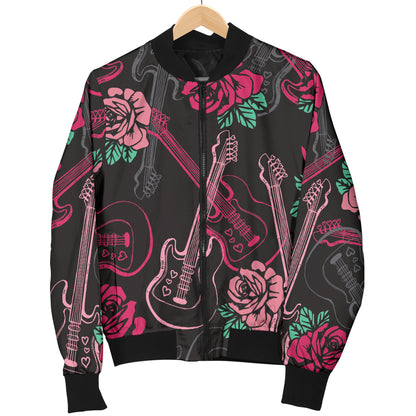 Bass Guitar Pink Rose Pattern Print Design 01 Women's Bomber Jacket