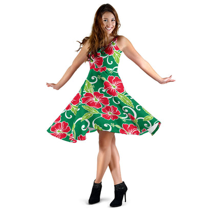 Red Hibiscus Pattern Print Design HB019 Midi Dress
