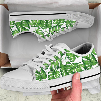 Palm Leaves Pattern Print Design PL08 White Bottom Low Top Shoes