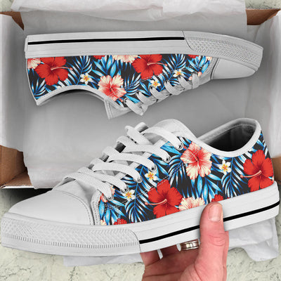 Red Hibiscus Blue Scene White Bottom Low Top Shoes