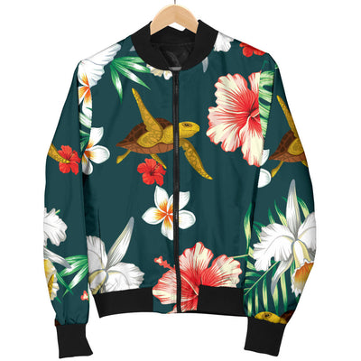Hawaiian Flower Design with SeaTurtle Print Women Bomber Jacket