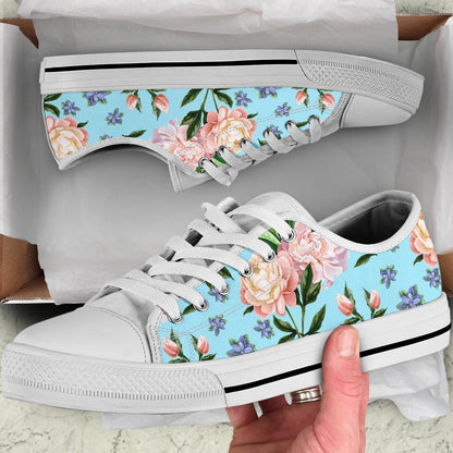 Peony Pattern Print Design PE02 White Bottom Low Top Shoes