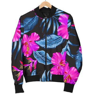 Neon Pink Hibiscus Pattern Print Design HB015 Women Bomber Jacket