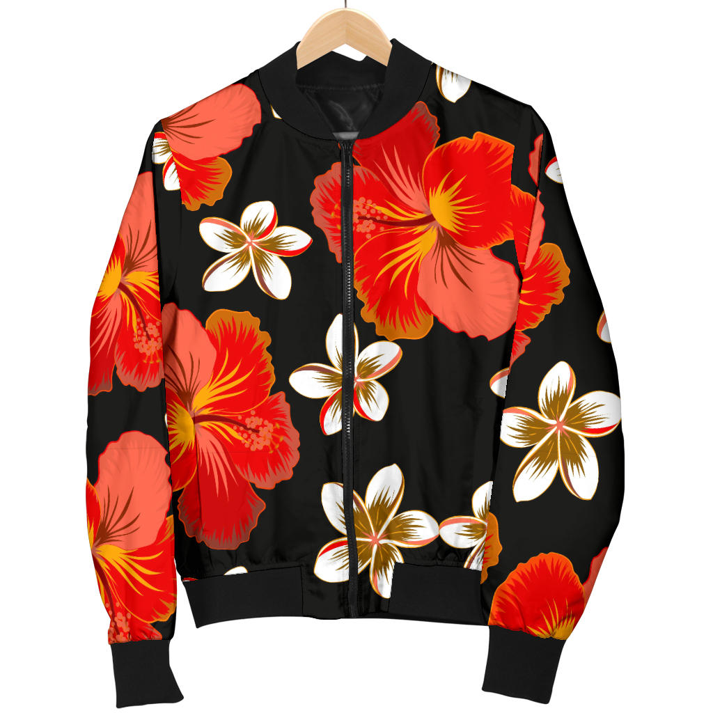 Red Hibiscus Pattern Print Design HB022 Women Bomber Jacket