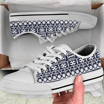 Blue White Tribal Aztec White Bottom Low Top Shoes