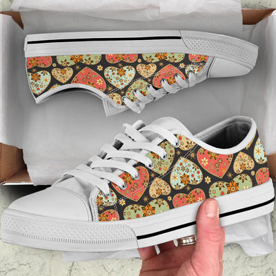 Heart Boho Pattern Print Design HE04 White Bottom Low Top Shoes